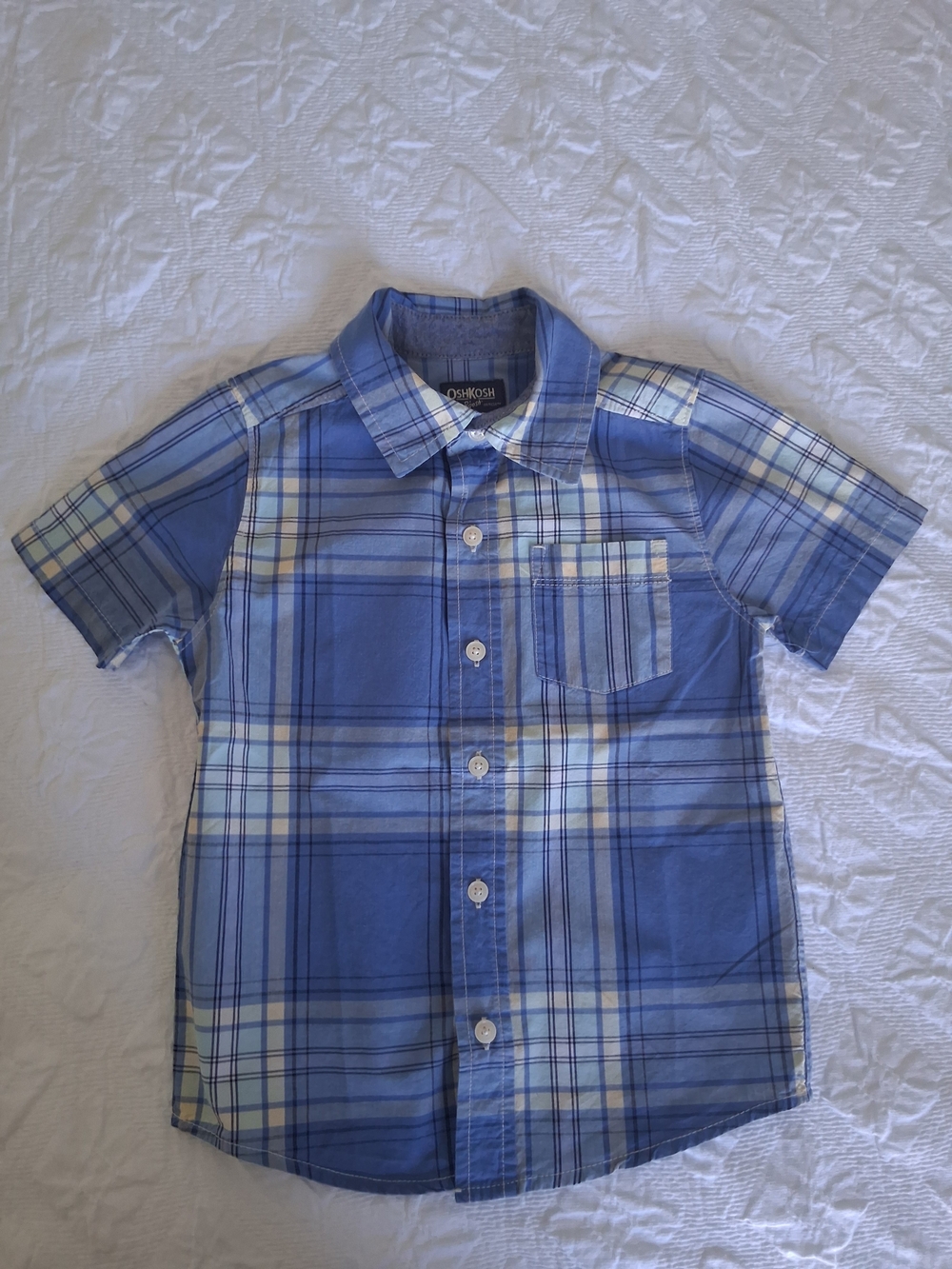 OshKosh B'gosh Blue Plaid Chambray Short Sleeve Button-Up Shirt Size 5 Years